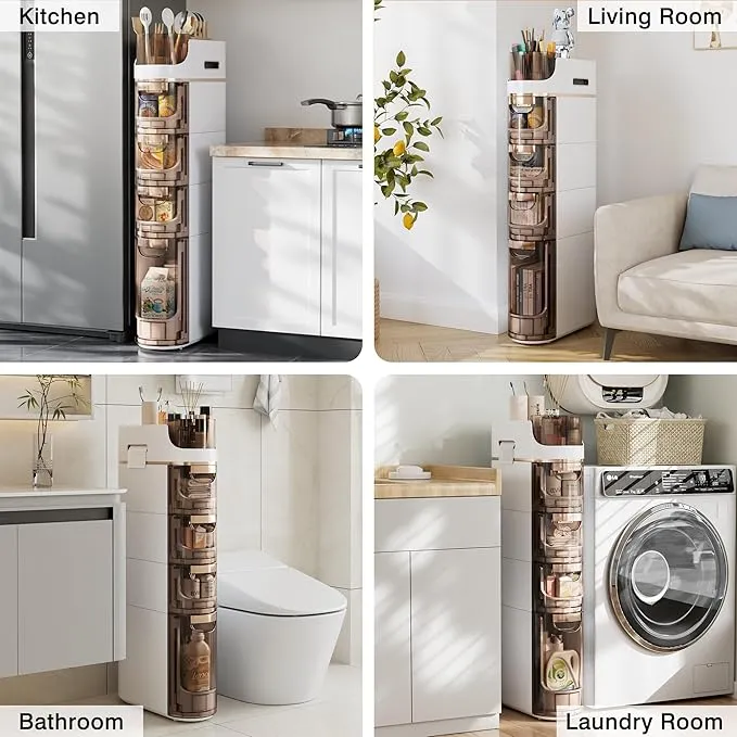 VECELO 4-Tier Slim Bathroom Storage Cabinet with Wheels, Skinny Bathroom Storage Cabinet with Drawers, Toilet Paper Holder, Movable Narrow Floor Cabinet for Small Space, Bathroom