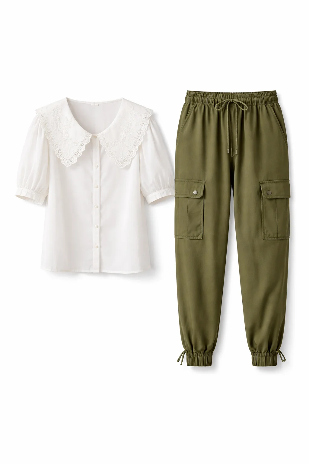 Women White Collar Top with Olive Green Cargo Pant Combo Set