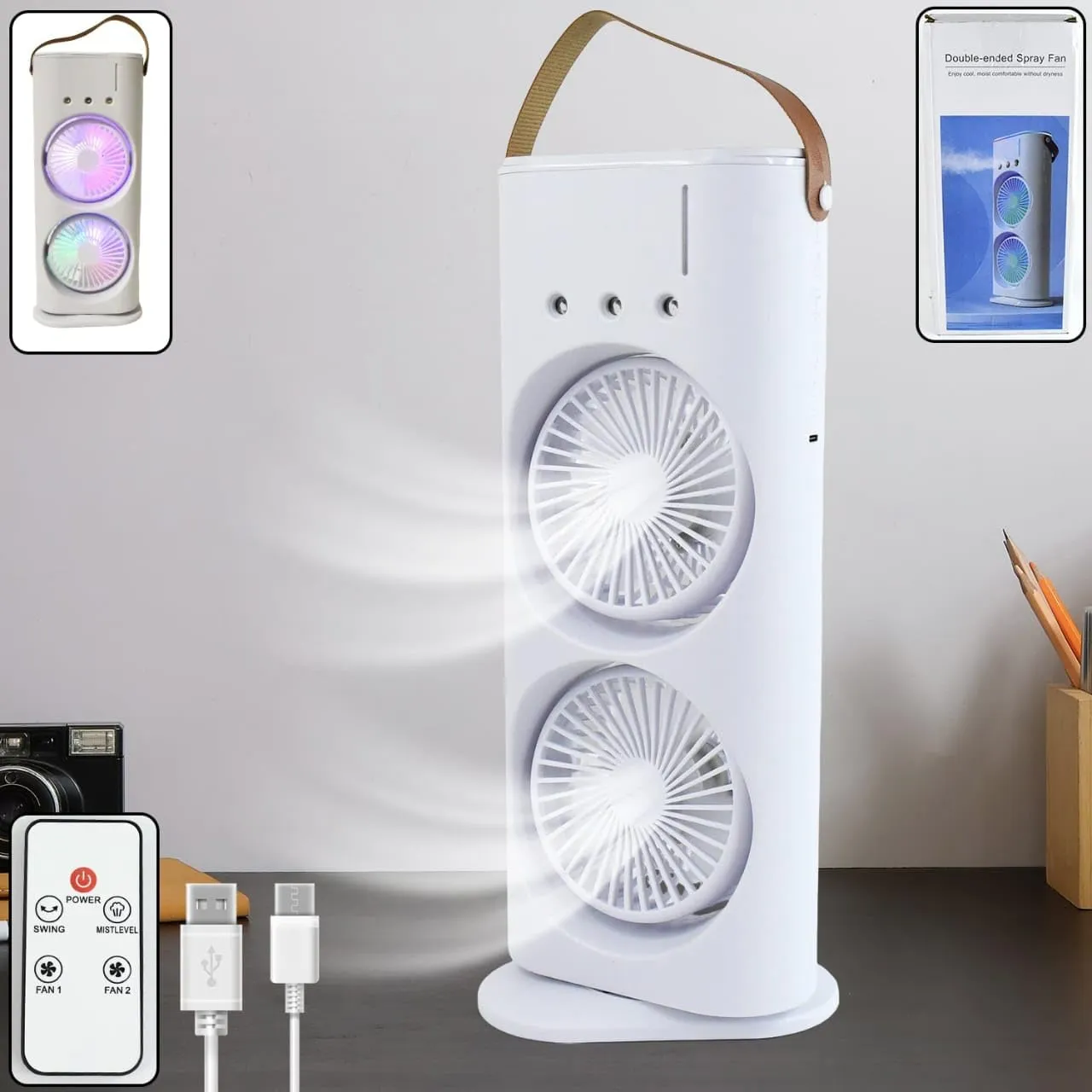 Portable Double Mini Fan Cooler, White, Dual Speed, USB Powered