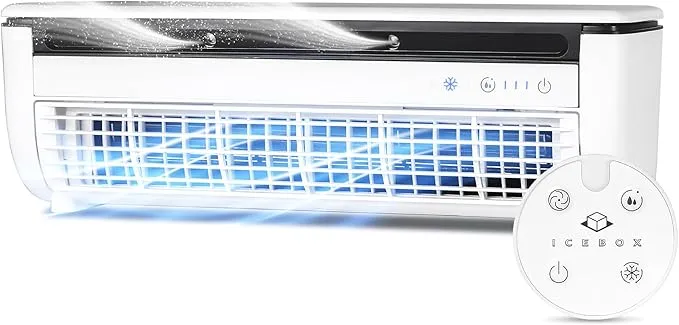 ICEBOX Cooling Mist Fan, Small Portable Fan with Evaporative Humidifier, For Desk or Wall Mount, 3 Speeds, 8.8oz/260ml Tank, 8-Hour Runtime per Charge, Remote, USB-C