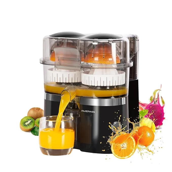 Electric Citrus Juicer with Two Heads, Lemon Squeezer with Power Cord and Cleaning Brush, 1 Button Automatic Juicer for Orange, Lemon and Lime, Easy to Clean