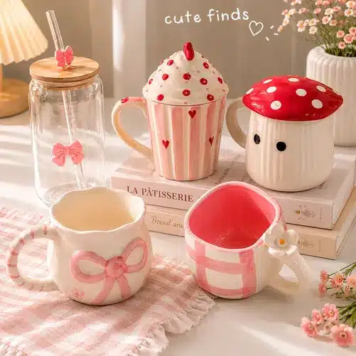 Cute Kawaii Ceramic Mug & Glass Drinkware Collection – Bow, Cupcake & Mushroom Design