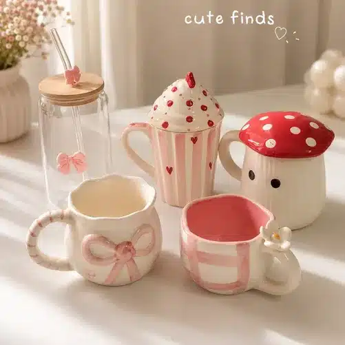 Cute Kawaii Ceramic Mug & Glass Drinkware Collection – Bow, Cupcake & Mushroom Design