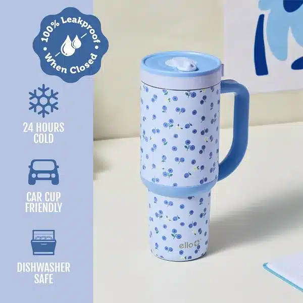 Floral Print Insulated Travel Tumbler with Handle & Straw