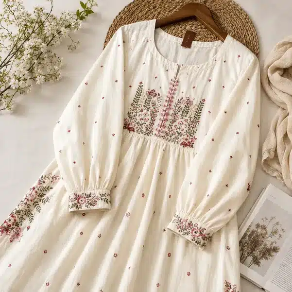 FloralCharm Women's Embroidered Cotton A-Line Kurti