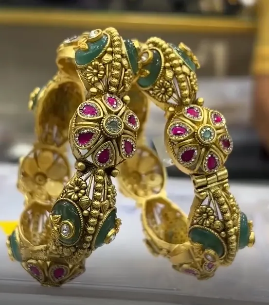 Royal Green Pink Kundan Floral Designer Kada Set