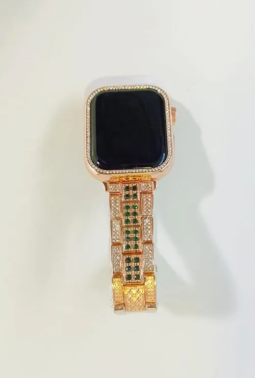 Luxury Smartwatch with Crystal Bezel, Rose Gold Band, Pink Digital Display, Square Face