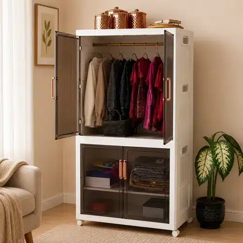 Foldable Modular Wardrobe Storage Cabinet with Hanging Section & Double-Layer Organizer