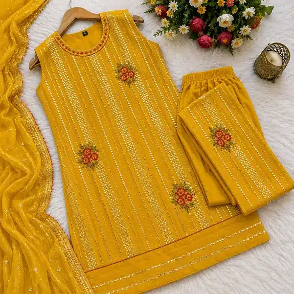 Sunshine Glow Embroidered Kurta Pant Dupatta Set for Women