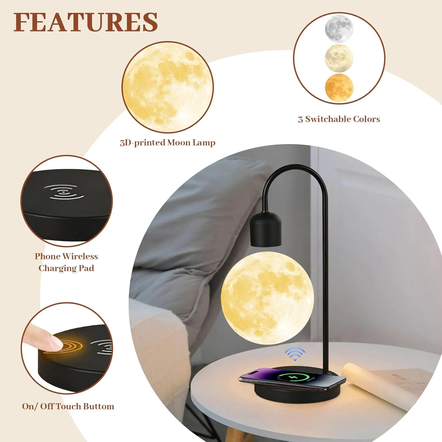 Floating Moon Lamp with 3 Color LED Lights