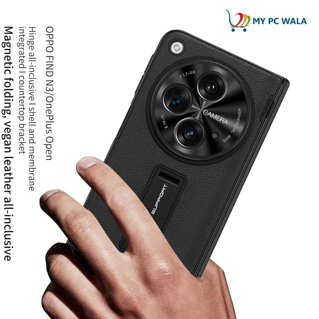 Refurbished MY PC WALA Leather Texture Case for OnePlus Open – Shockproof Foldable Cover with Kickstand, Camera Lens Protection & Magnetic Transparent Back