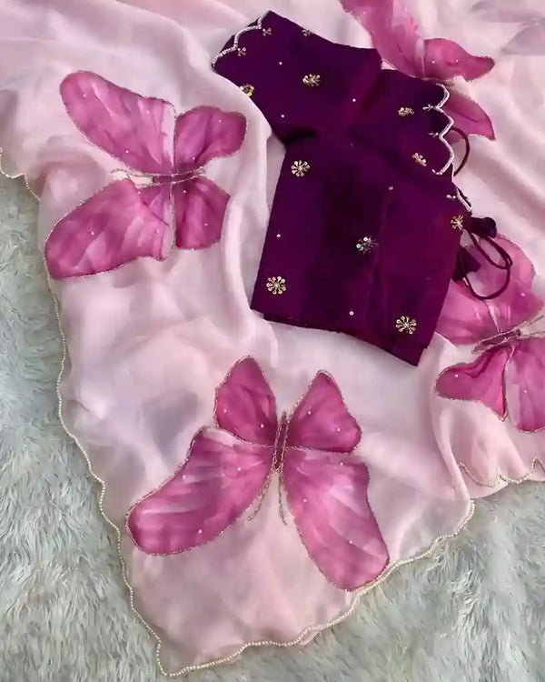 Soft Organza saree with beautiful handwork all over printed butterfly and silk blouse with handwork