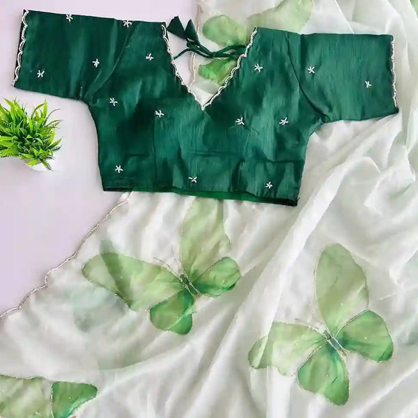 Soft Organza saree with beautiful handwork all over printed butterfly and silk blouse with handwork