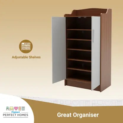 Wood Shoe Rack  (MELAMINE SP WALNUT & FROSTY WHITE, 6 Shelves, Knock Down)