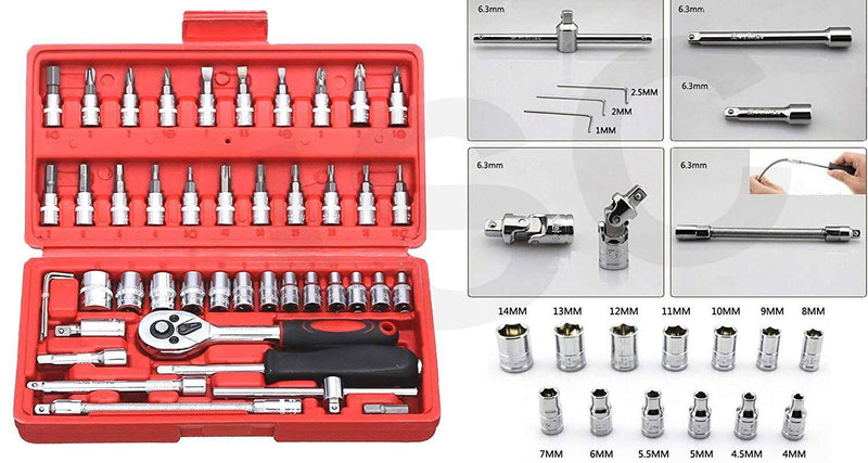 422 Socket 14 Inch Combination Repair Tool Kit (Red 46 Pcs)