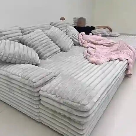 Modern Deep-Seated Chenille Sofa – Beige White