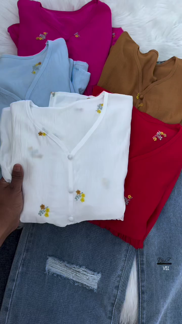 Women’s Casual Embroidered Peplum Top with Long Sleeves and V-Neck in Pink and Light Blue Paired with High-Waist Wide-Leg Denim Jeans – Stylish Comfortable Everyday Wear Outfit Set