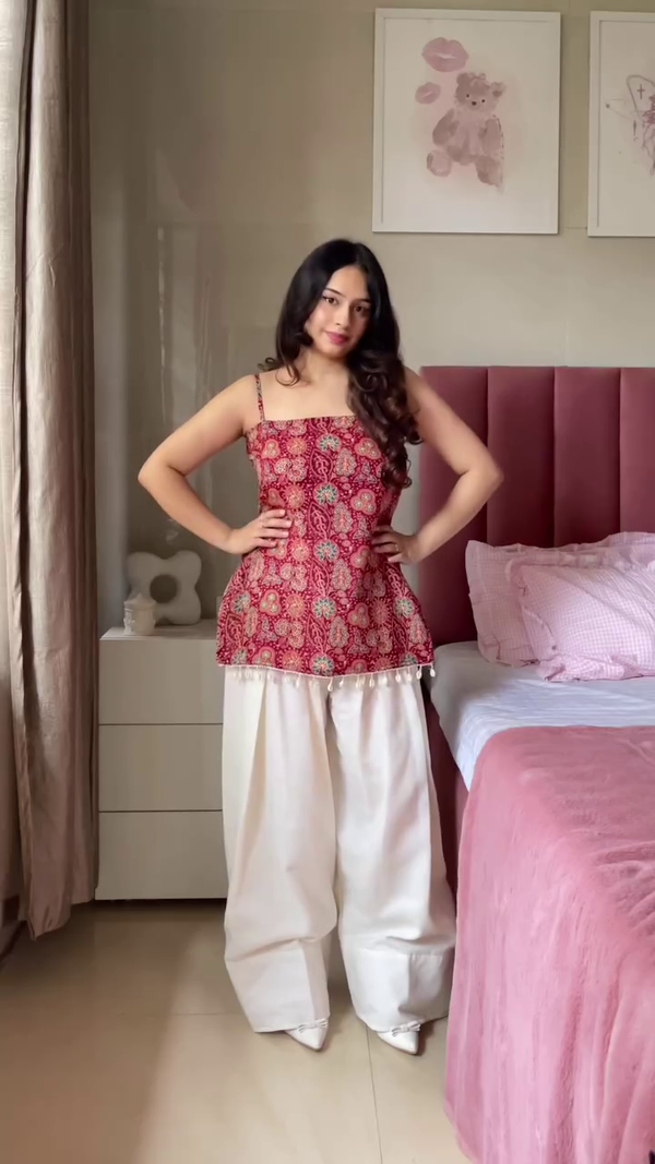 Women’s Ethnic and Casual Printed Tops Set – Red Sleeveless Peplum Kurti with Tassel Hem Paired with White Palazzo Pants & White-Blue Floral Long Sleeve Top with Tasse