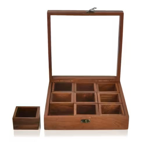 Timbercraft Wooden spice box 9 jars made with shesham wood Spice Box with 1 Spoons – Masala Box/Masala Dabba/Masala Container/Masala Dabba Organizer for Kitchen | Decorative Handmade Wooden Storage Box (Brown).