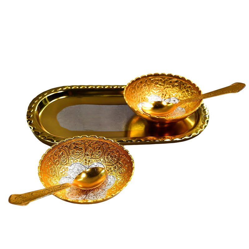 2947 Gold Silver Plated 2 Bowl 2 Spoon Tray Set Brass With Red Velvet Gift Box Serving Dry Fruits Desserts Gift