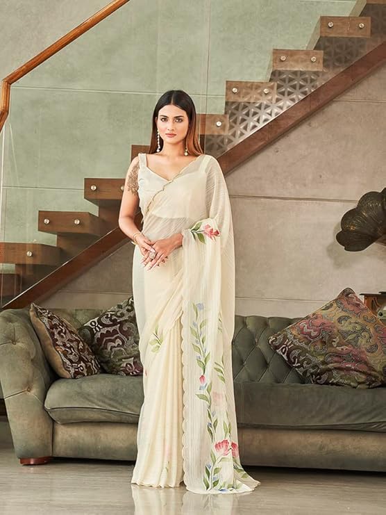 Womanista Women's Satin Hand Print Saree With Un-Stitched Blouse, Beige