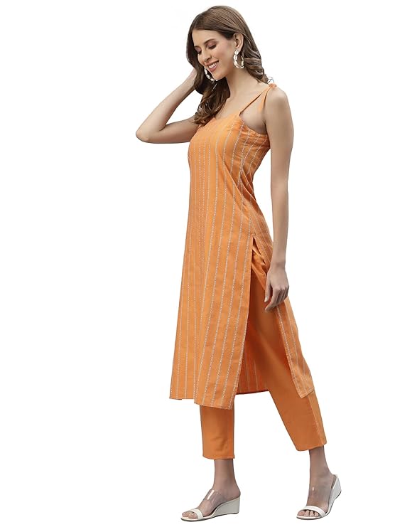 Stylum Women's Self Design Striped Cotton Blend Straight Kurta Pant Set