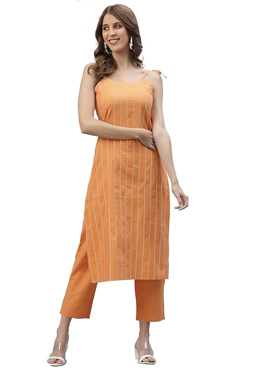 Stylum Women's Self Design Striped Cotton Blend Straight Kurta Pant Set