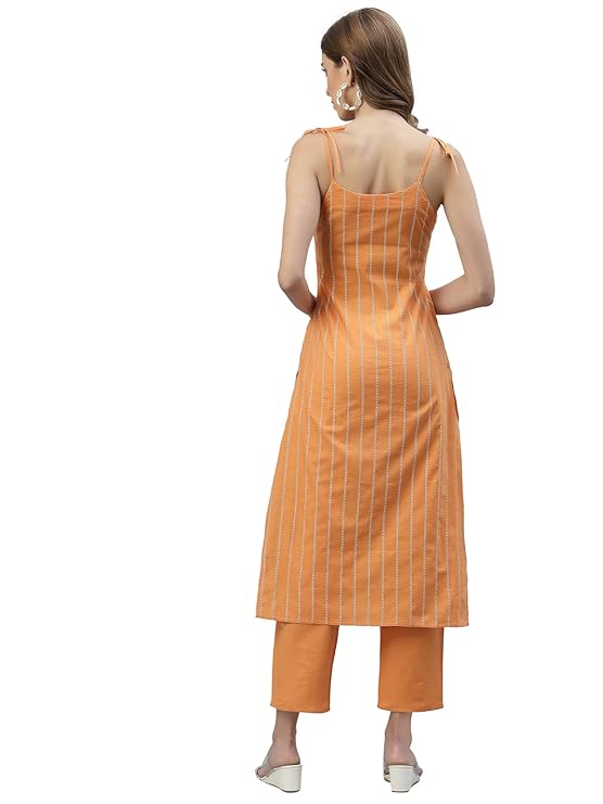 Stylum Women's Self Design Striped Cotton Blend Straight Kurta Pant Set
