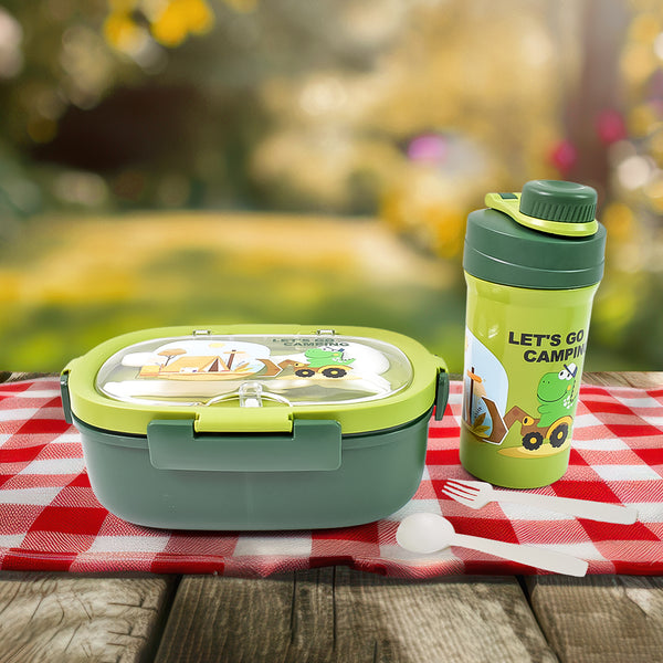 Plastic Lunch Box Leak Proof 3 Compartment With Bottle Spoon And Fork (1 Set)