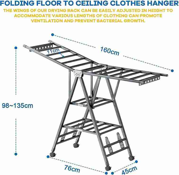 Foldable 3-Level Laundry Drying Rack, Free-Standing Large With Height-Adjustable Wings