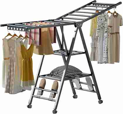 Foldable 3-Level Laundry Drying Rack, Free-Standing Large With Height-Adjustable Wings