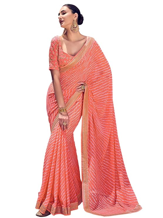 SIRIL Women's Georgette Bandhani Printed Saree With Unstitched Blouse Piece