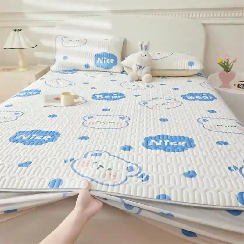 Fits Mattress Perfectly,Summer Washable Cartoon Latex Fitted Bed Sheet, Ice Silk Cool Spring Mattress Protector Pure Color Bed Cover,Bear 4,120 * 200cm (3pcs)