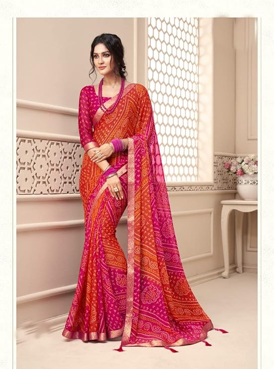 Women's Chiffon Banarasi Printed Saree With Solid Self Printed Blouse