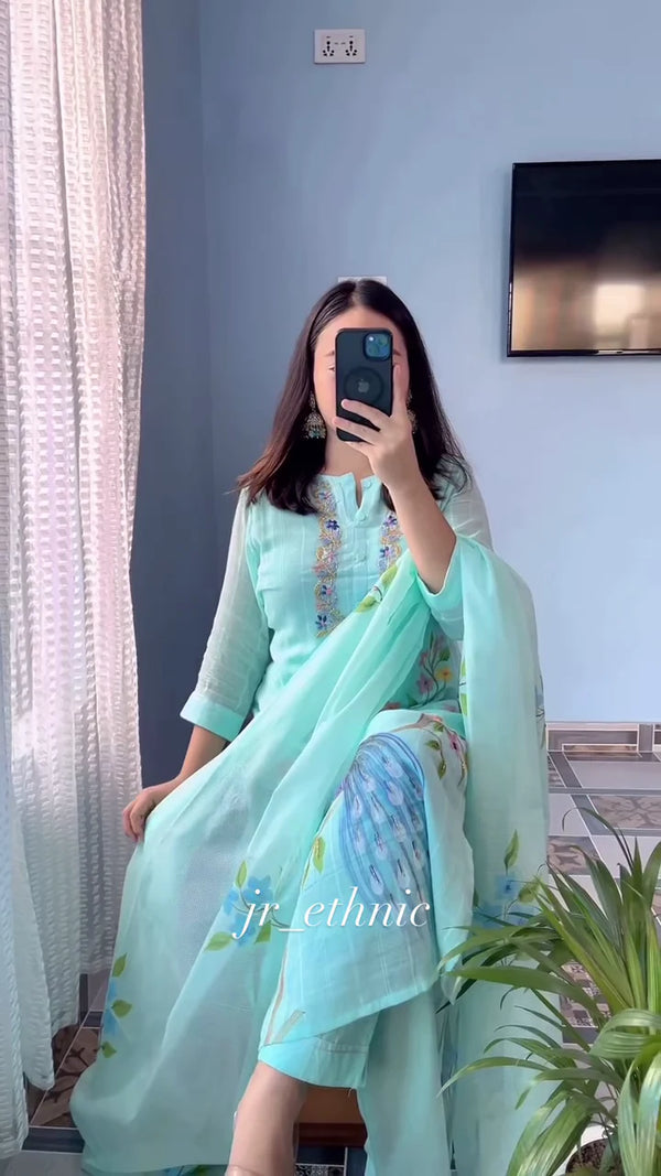 Light Blue Embroidered Kurta Set with Colorful Floral Motifs and Coordinated Dupatta, Perfect for Festive and Casual Occasions