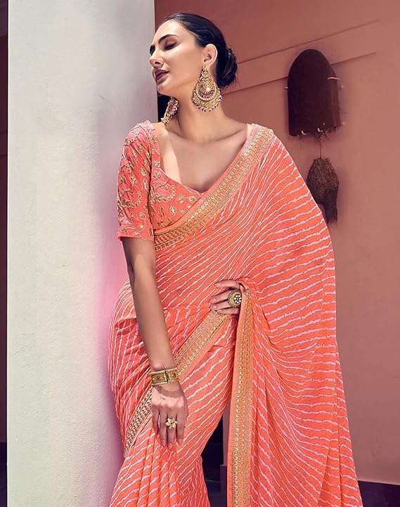 SIRIL Women's Georgette Bandhani Printed Saree With Unstitched Blouse Piece