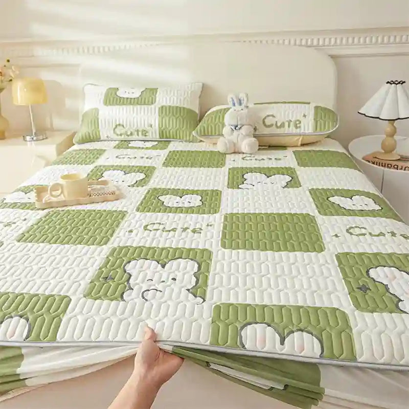 Fits Mattress Perfectly,Summer Washable Cartoon Latex Fitted Bed Sheet, Ice Silk Cool Spring Mattress Protector Pure Color Bed Cover,Bear 4,120 * 200cm (3pcs)