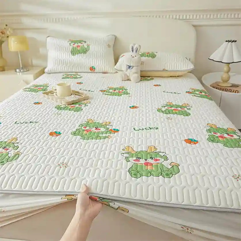 Fits Mattress Perfectly,Summer Washable Cartoon Latex Fitted Bed Sheet, Ice Silk Cool Spring Mattress Protector Pure Color Bed Cover,Bear 4,120 * 200cm (3pcs)