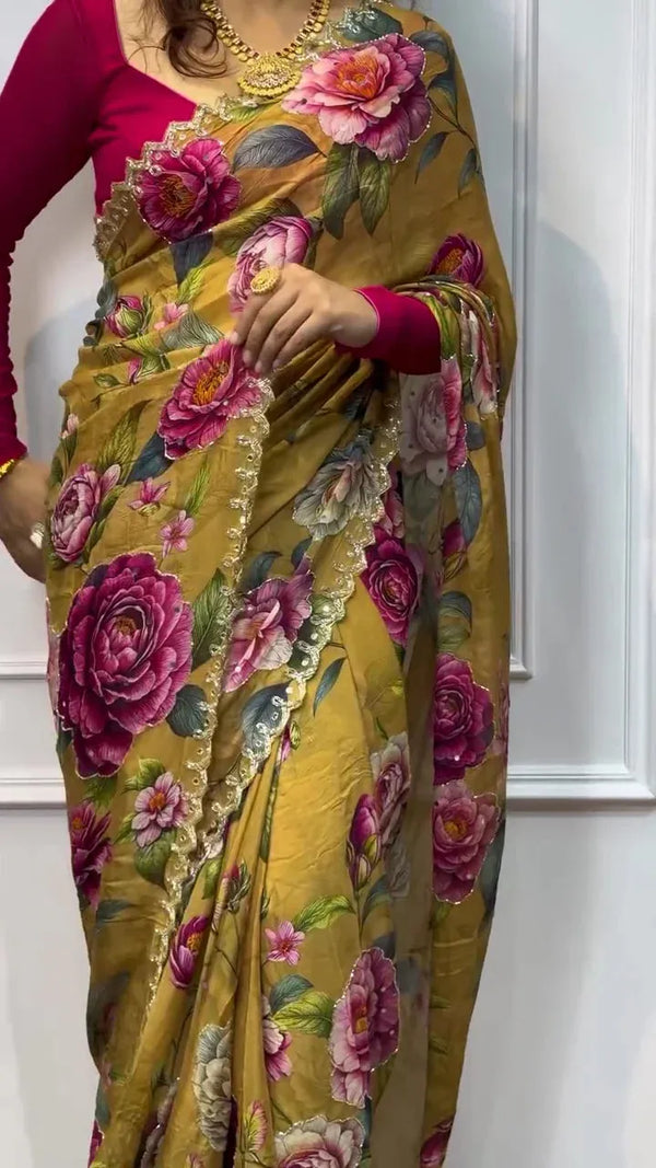 Organza Saree with Pearl and Sequin Embellished Border – Elegant Festive Drape