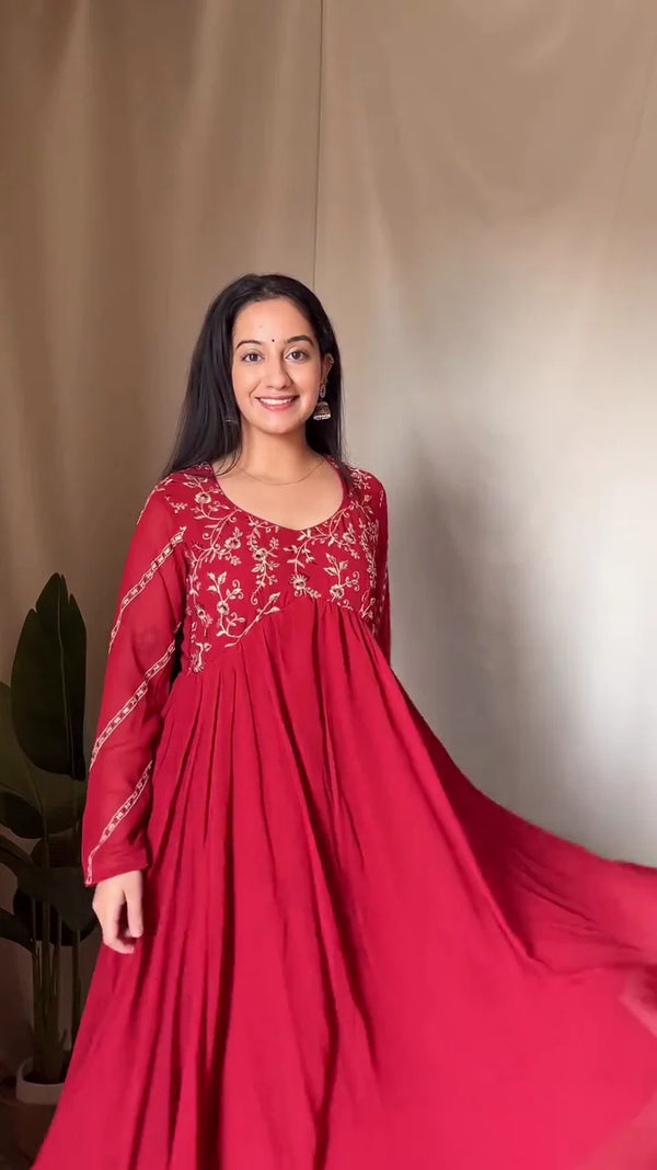 Red Embroidered Anarkali Dress with Sheer Dupatta and Traditional Silver Jhumkas – Perfect for Festive Occasions and Celebrations