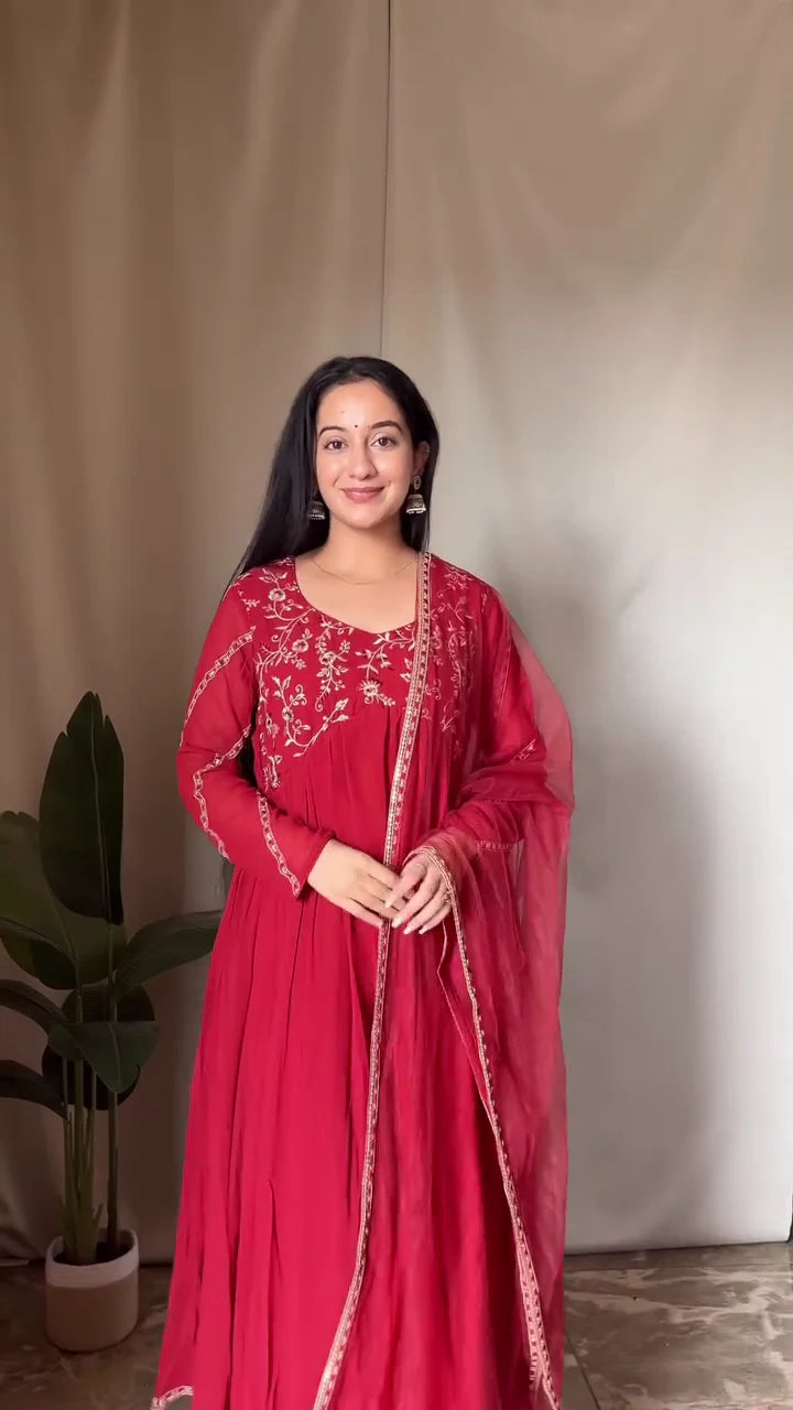 Red Embroidered Anarkali Dress with Sheer Dupatta and Traditional Silver Jhumkas – Perfect for Festive Occasions and Celebrations