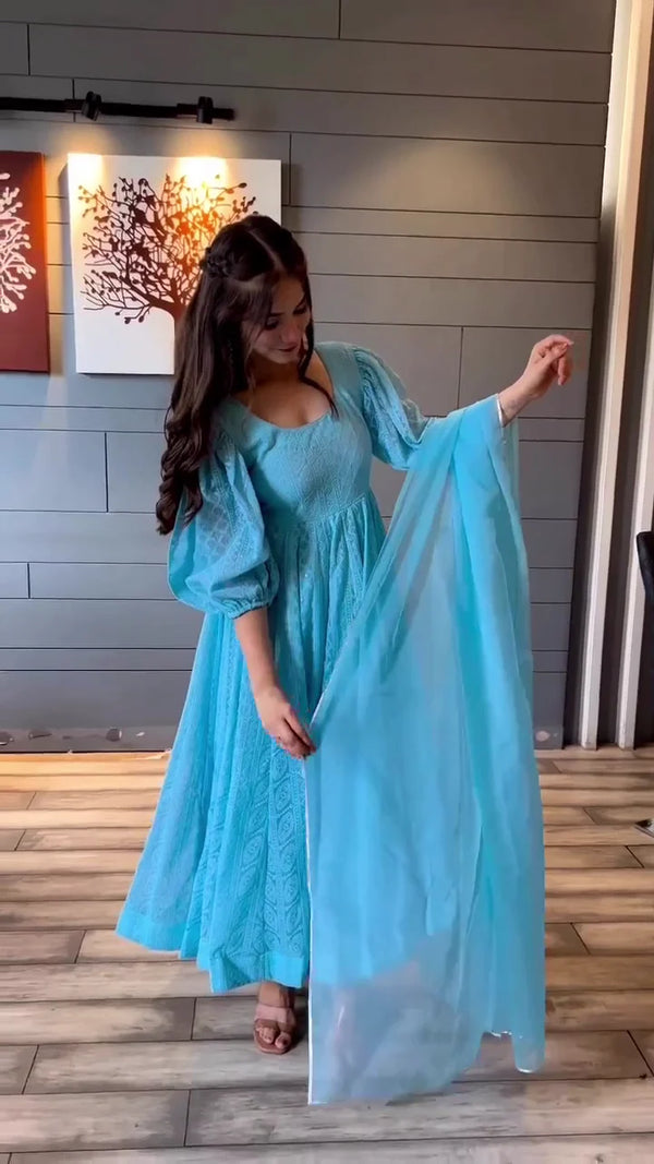 Delicate Sky Blue Embroidered A-Line Dress with Puff Sleeves and Sheer Dupatta, Perfect for Daytime or Semi-Formal Events