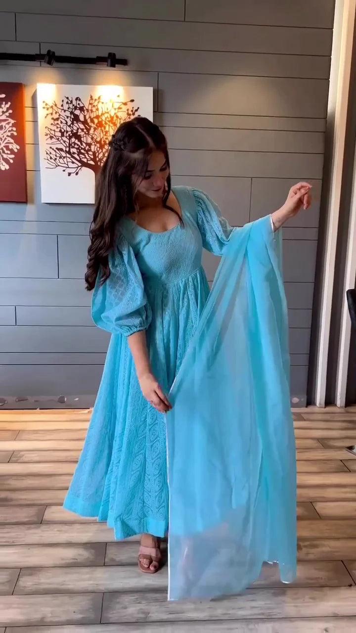Delicate Sky Blue Embroidered A-Line Dress with Puff Sleeves and Sheer Dupatta, Perfect for Daytime or Semi-Formal Events