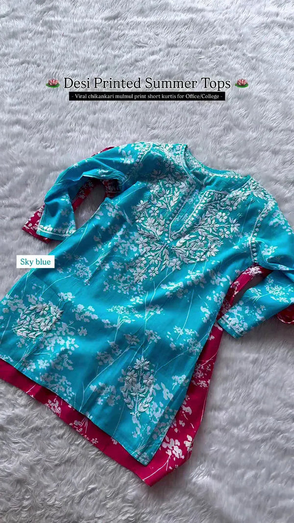 Desi Printed Summer Tops - Viral Chikan Kari Mulmul Print Short Kurtis for Office and College, Available in Sky Blue and Pink