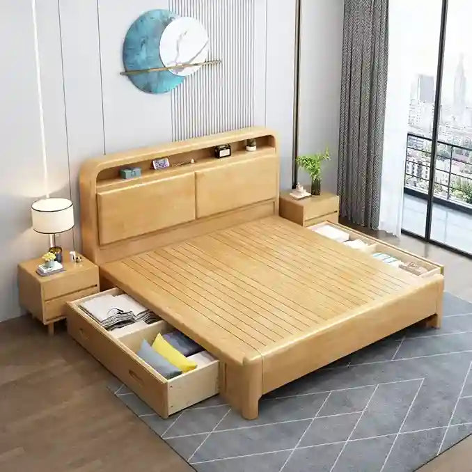 Solid Wood Bedroom Queen Bed with Storage Headboard