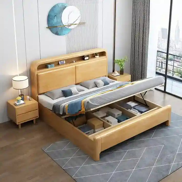 Solid Wood Bedroom Queen Bed with Storage Headboard