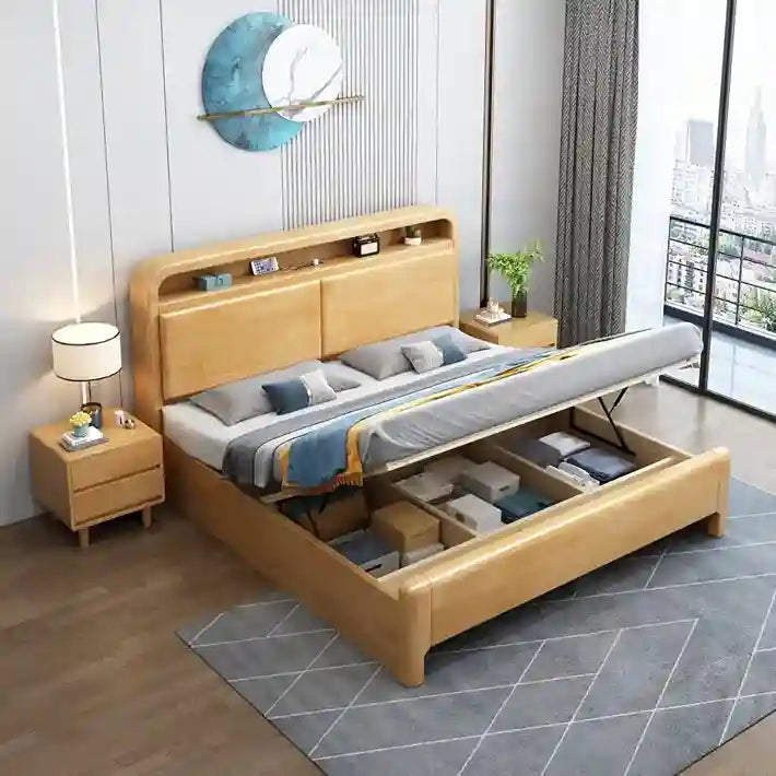 Solid Wood Bedroom Queen Bed with Storage Headboard