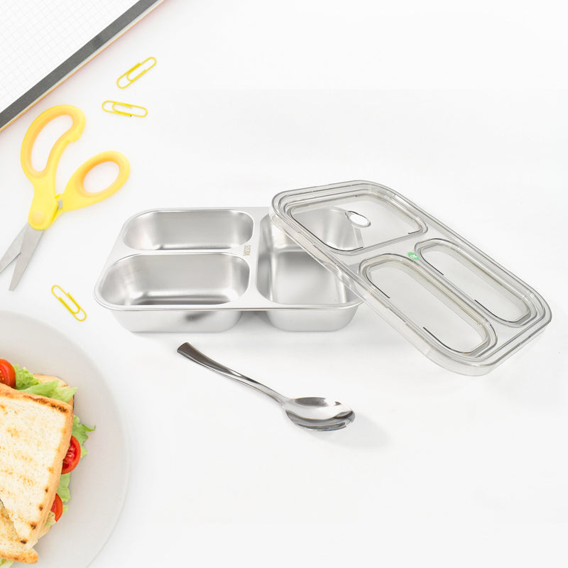 3 Compartment Transparent Stainless Steel Lunch Box For Kids