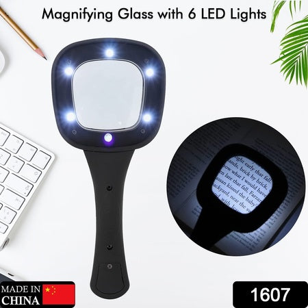 1607 Handheld Magnifying Glass 6 Led Illuminated Lighted Magnifier For Seniors Reading Soldering Inspection Coins Jewelry Exploring