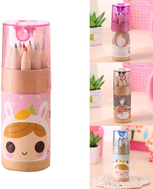 7957 12 Colouring Pencils Kids Set Pencils Sharpener Mini Drawing Colored Pencils With Sharpener Kawaii Manual Pencil Cutter Coloring Pencil Accessory School Supplies For Kid Artists Writing Sketching